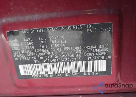 2012 Subaru Legacy 2.5I from USA, damaged, VIN 4S3BMBA66C3032305